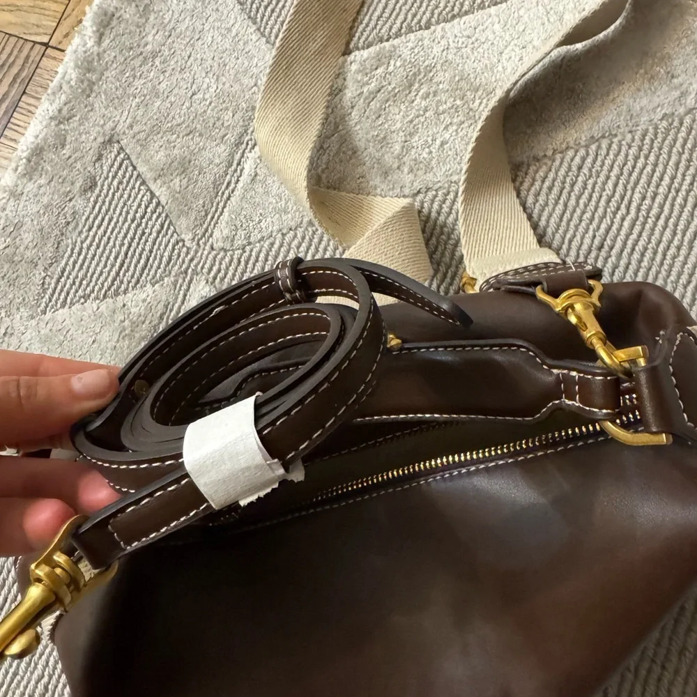 Elegant Brown Leather Handbag - Zara side stripe bag , cross body or clutch - Picture 13 of 14